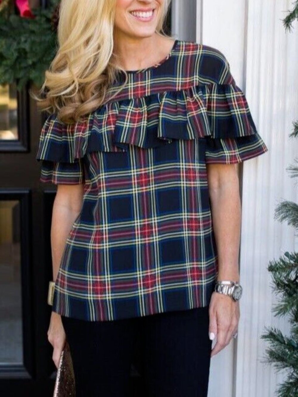 J.Crew "Edie" Ruffle Top in Stewart Tartan Holiday Plaid, 00